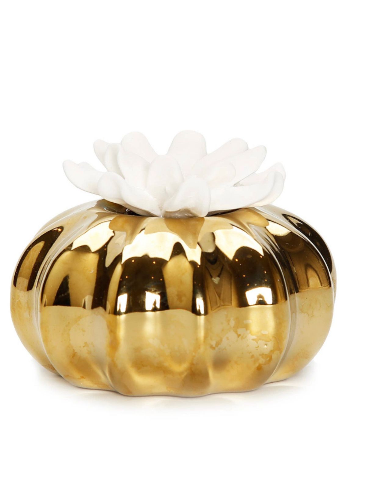 English Pears and Freesia Luxury Scent embossed in this stunning Gold Ruffled and White Flower Reed Diffuser.