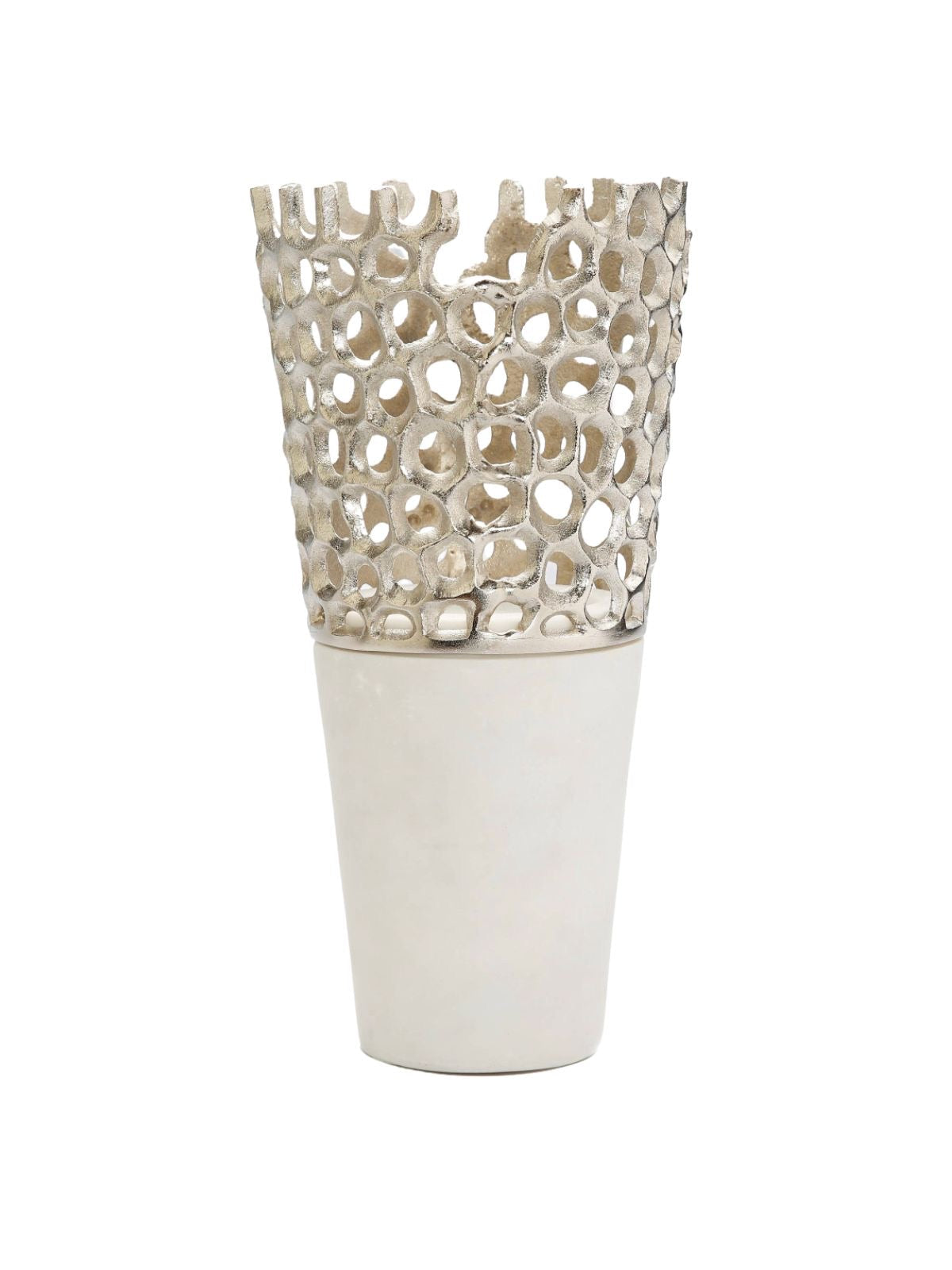 Luxury White Marble Decorative Vase With Silver Cut Out Design 12H - KYA Home Decor. 