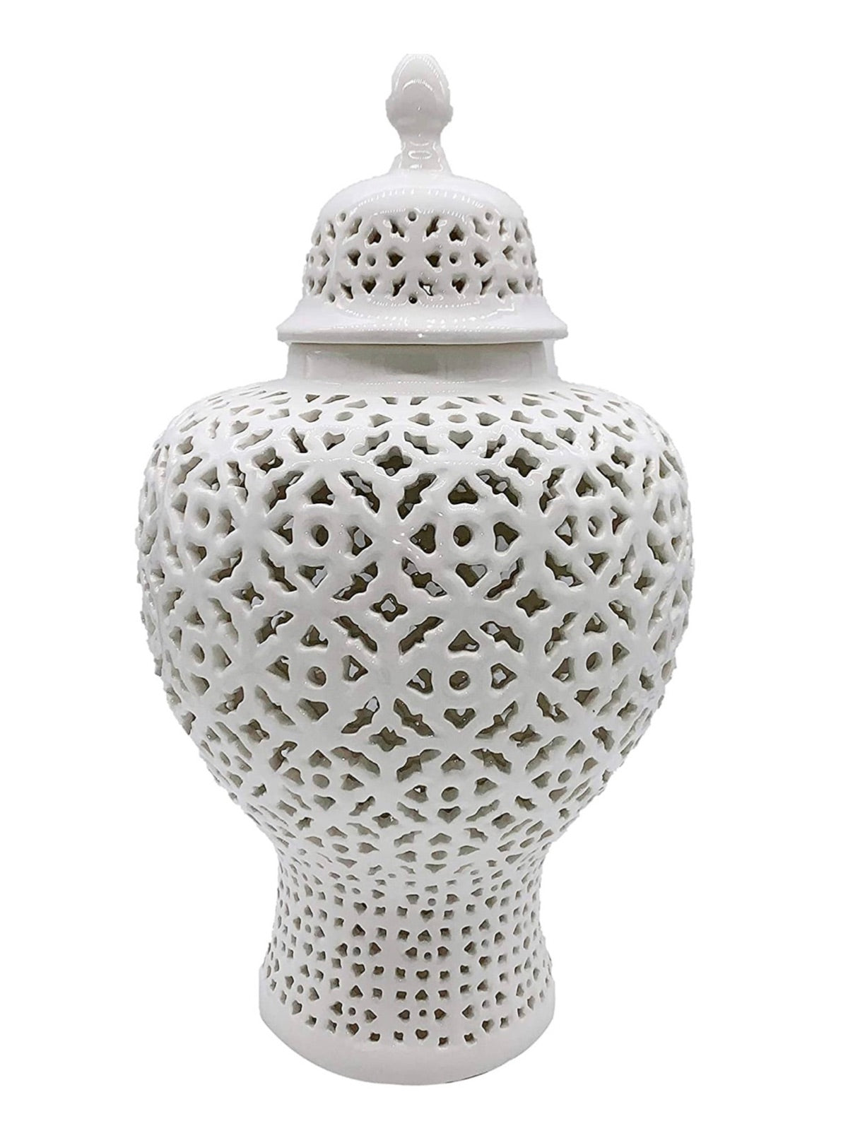 White Ceramic Ginger Jar with an elegant pierced design and lid in size Large