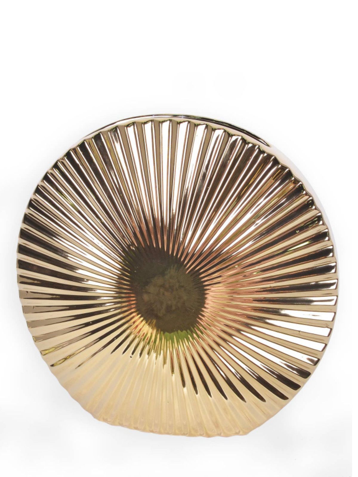 12H Gold Porcelain Round Decorative Vase with Luxury Ridge Design - Front View.