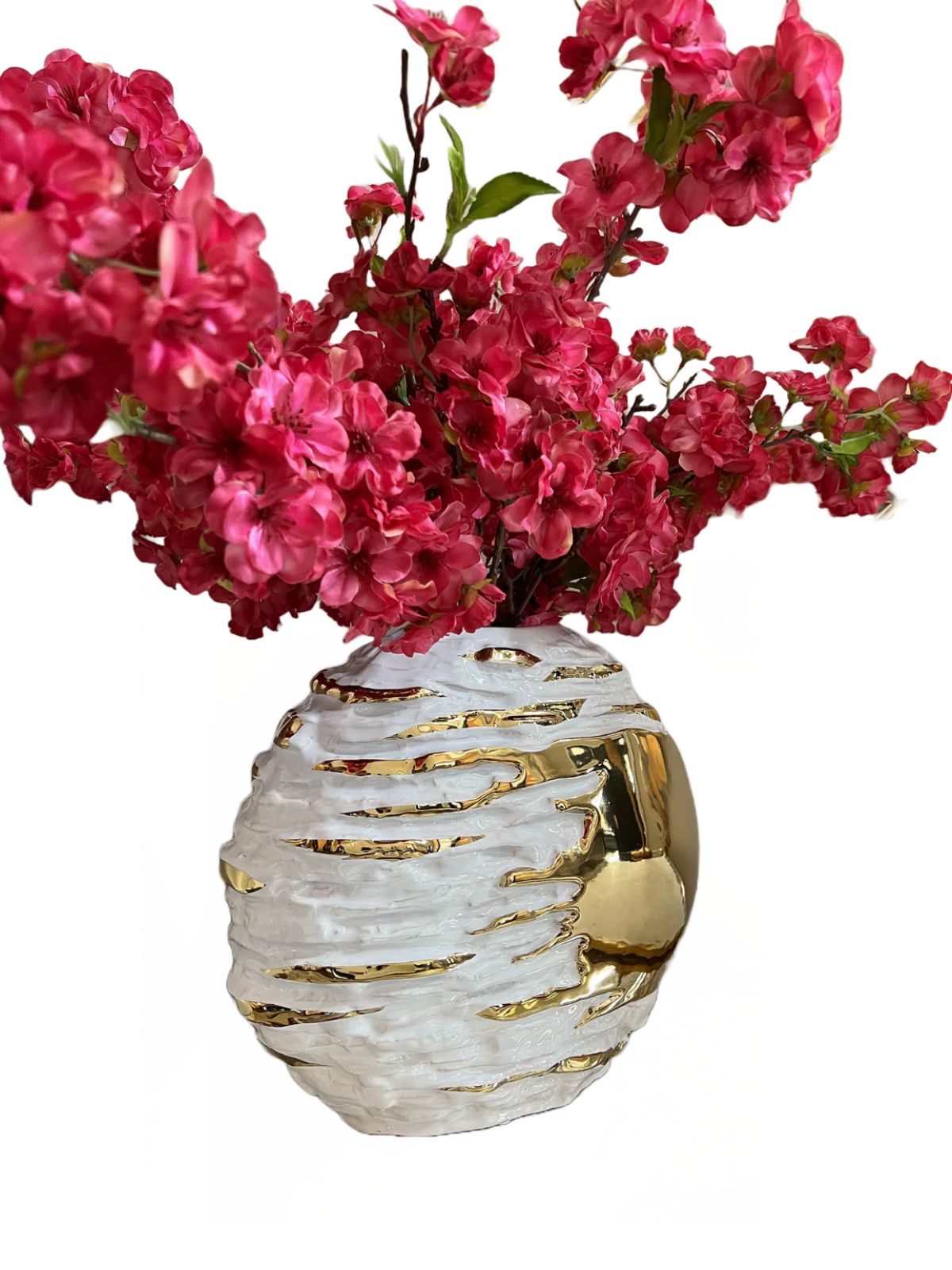 White Ceramic Vase With Stunning Gold Textured Brush Design and Faux Flowers - KYA Home Decor