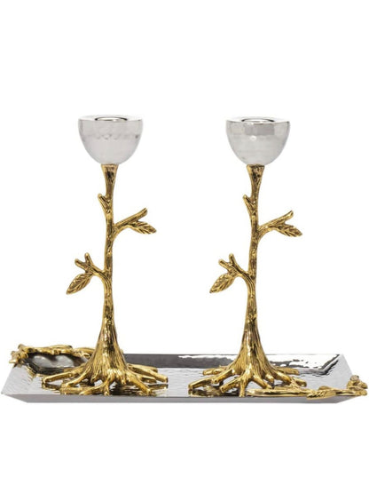 Set of 2 Gold Tone Branch Designed Candlestick Holders with Stainless Steel Tray sold by KYA Home Decor.