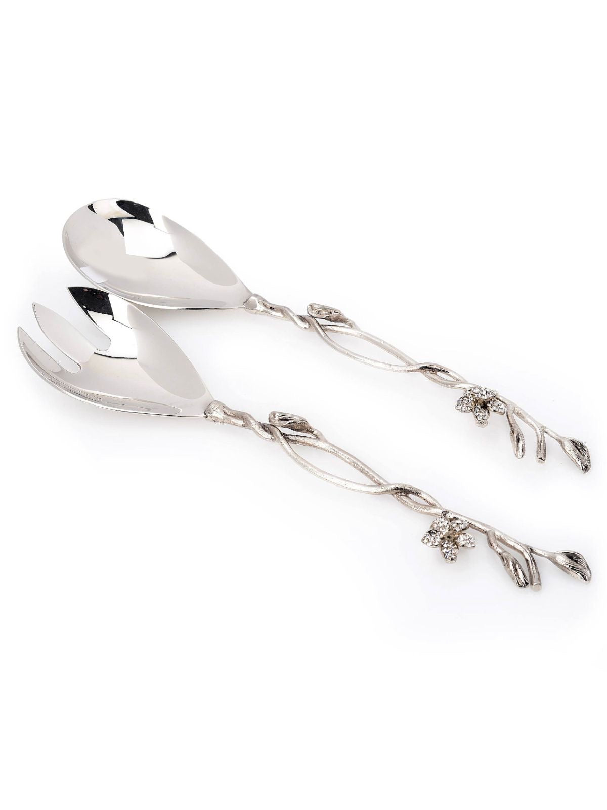 Add elegance to your serving decor with this hand-crafted salad server set featuring a hammered stainless steel design with an exquisite jeweled flower embellishment, a truly masterpiece that’s available at KYA Home Decor 