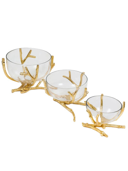 Gold Twig Base with Removable Glass Bowl, Available in 3 Sizes.