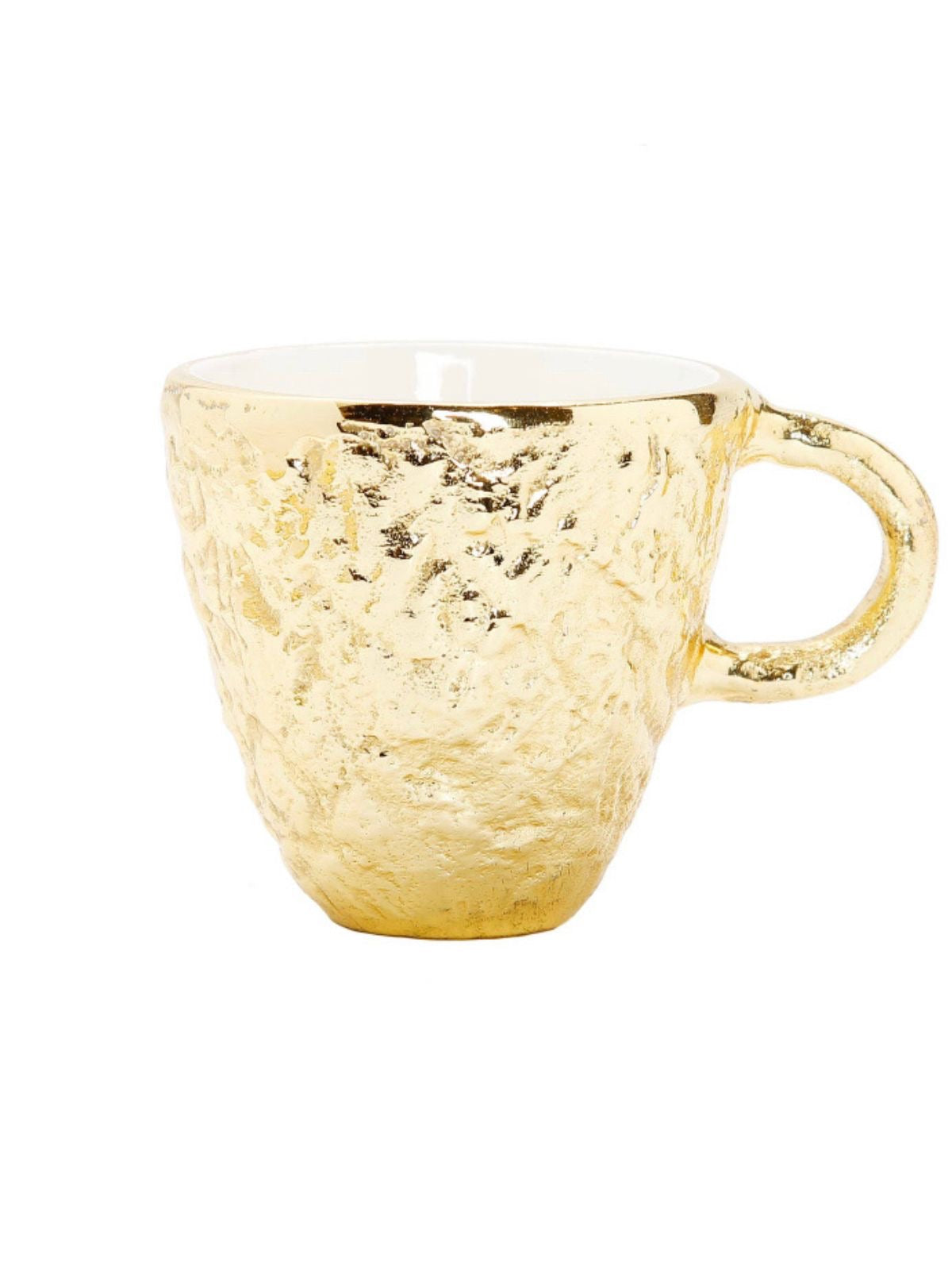 The Amazing Tazza D’ Oro Coffee Mug with Saucer Has a Beautiful Gold Textured Metal Outer and White Enamel Inside Available At KYA Home Decor