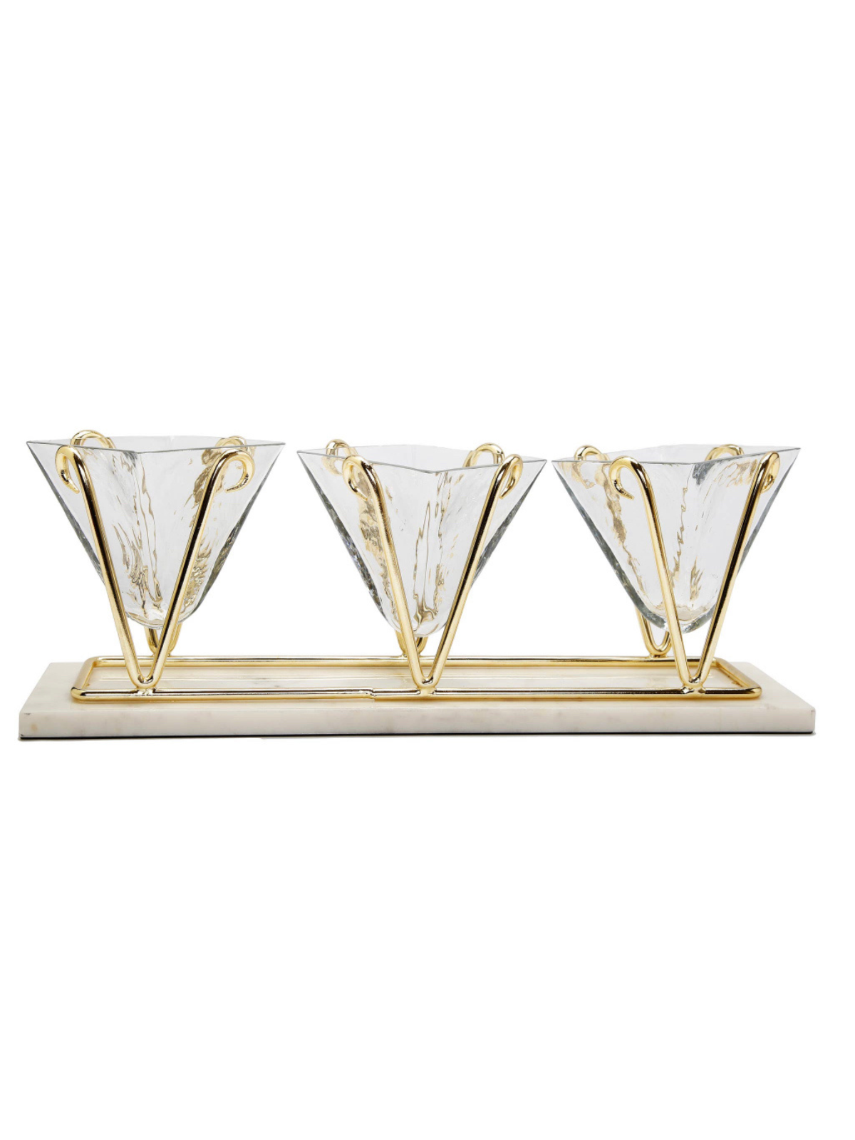 Marble Tray with 3 Glass Bowls and Gold Brass Holders Sold by KYA Home Decor.