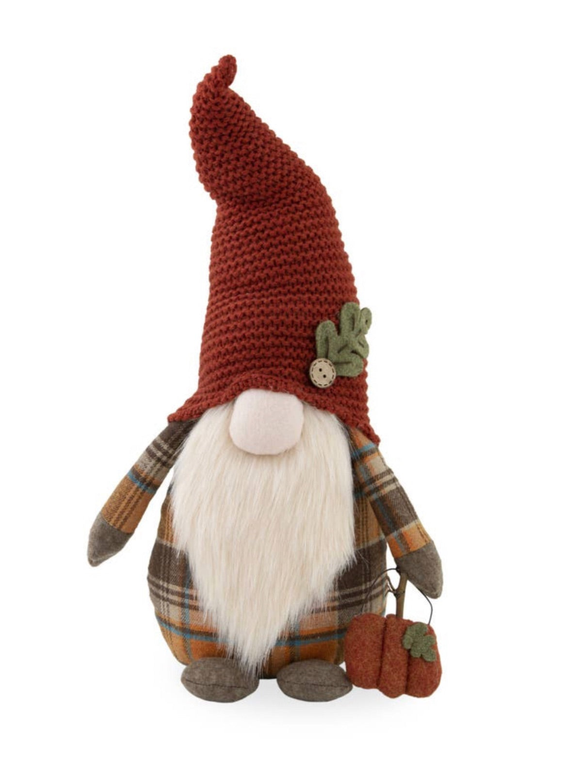 Get ready for the harvest season with the Cecil Autumn Plaid Gnome. Featuring rustic plaid print and a knit burgundy hat, this seasonal gnome looks perfect with your other decor or as an eye-catching centerpiece.