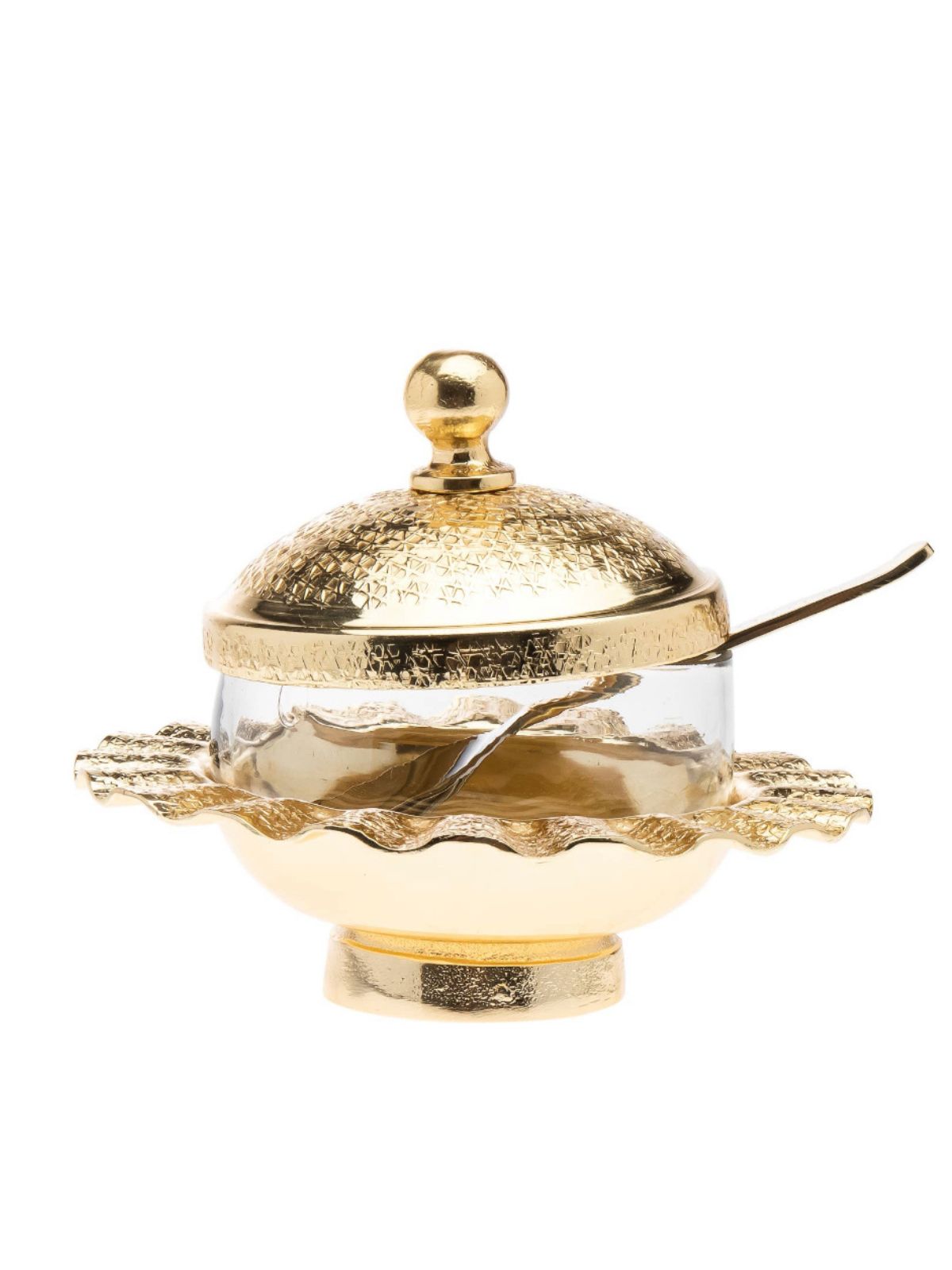 Glass Sugar Jar with Gold Ripple Edges and Spoon