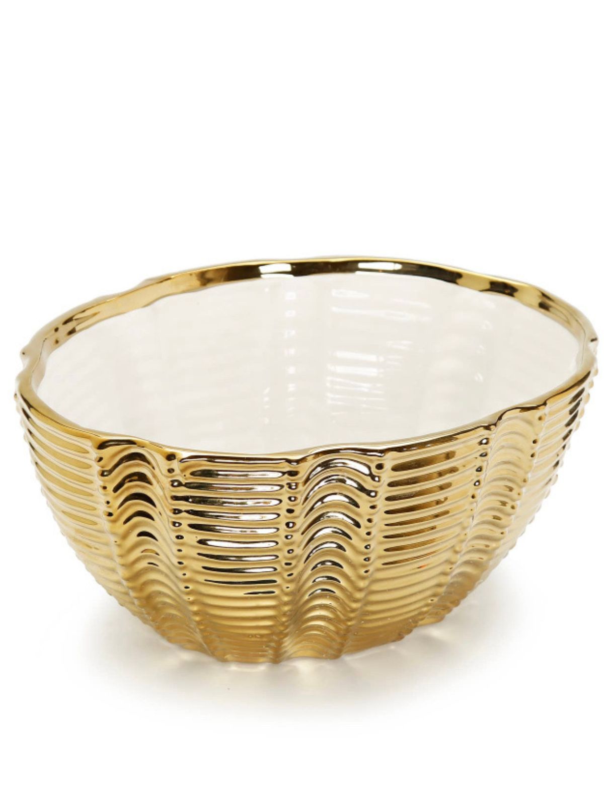 This textured gold bowl comes with a white interior to add in your favorite fillers. This would make a perfect centerpiece for your dining table or coffee table.  
