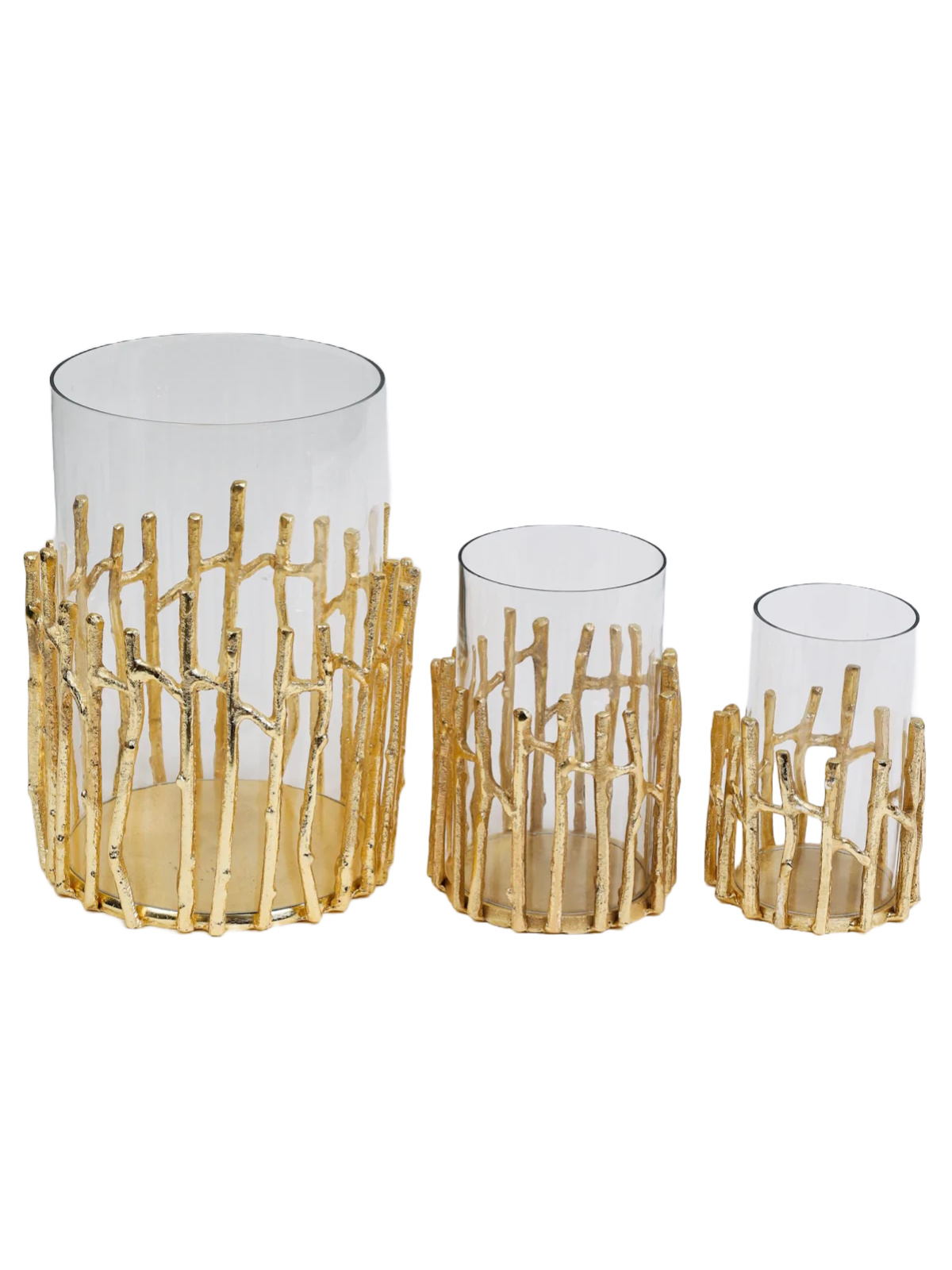 Glass Hurricane Floral Vase with Gold Twig Design. Available in 3 Sizes | KYA Home Decor.
