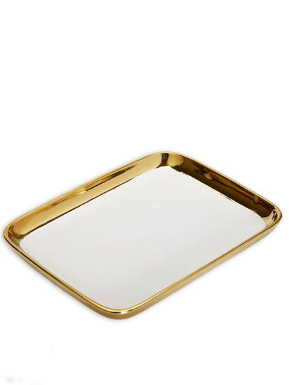 White Oblong Ceramic Decorative Tray with Luxury Gold Edges Sold by KYA Home Decor.