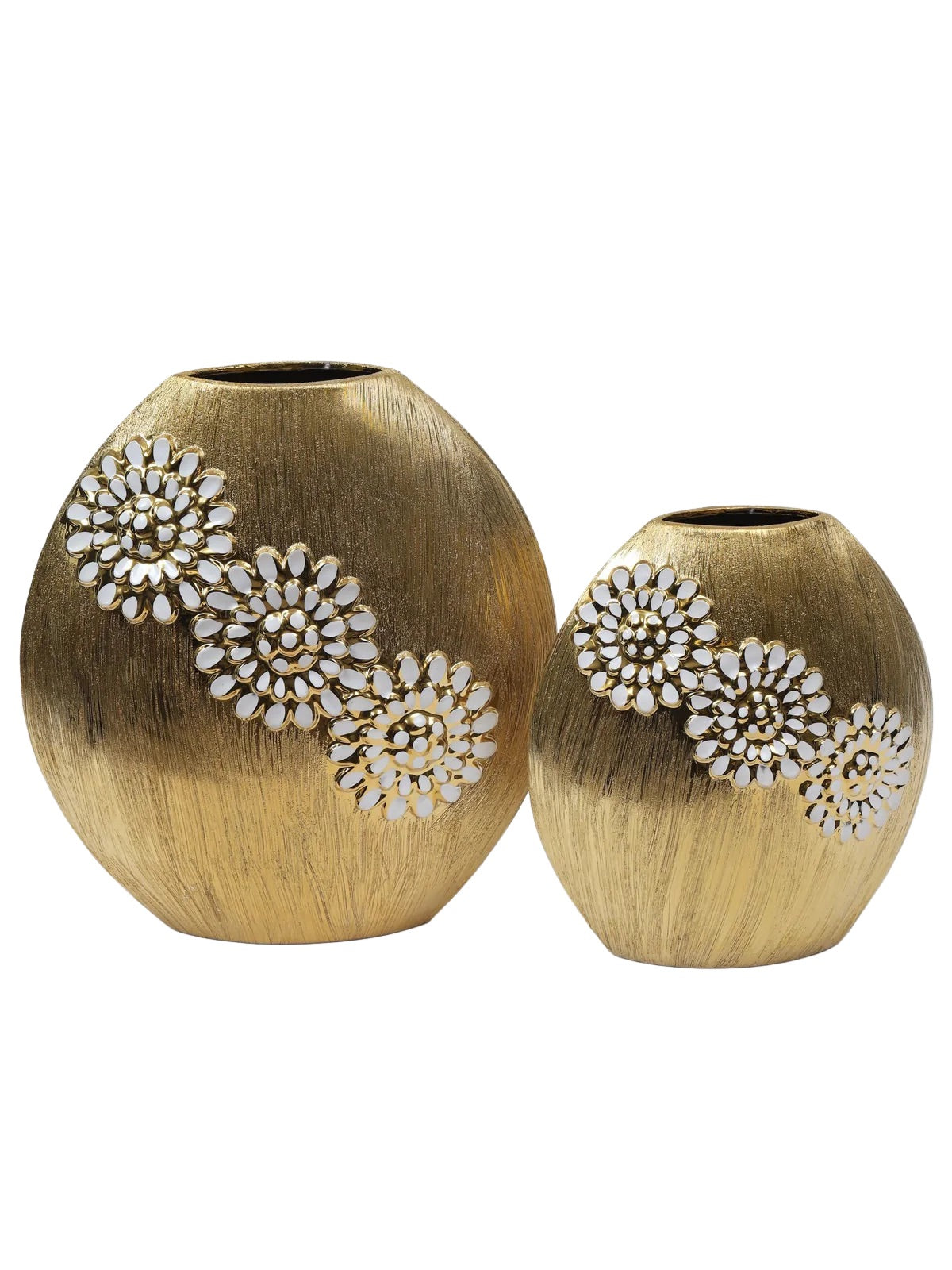 Luxury Round Matte Gold Ceramic Vase With White Textured Flower Design, 2 Sizes - KYA Home Decor. 