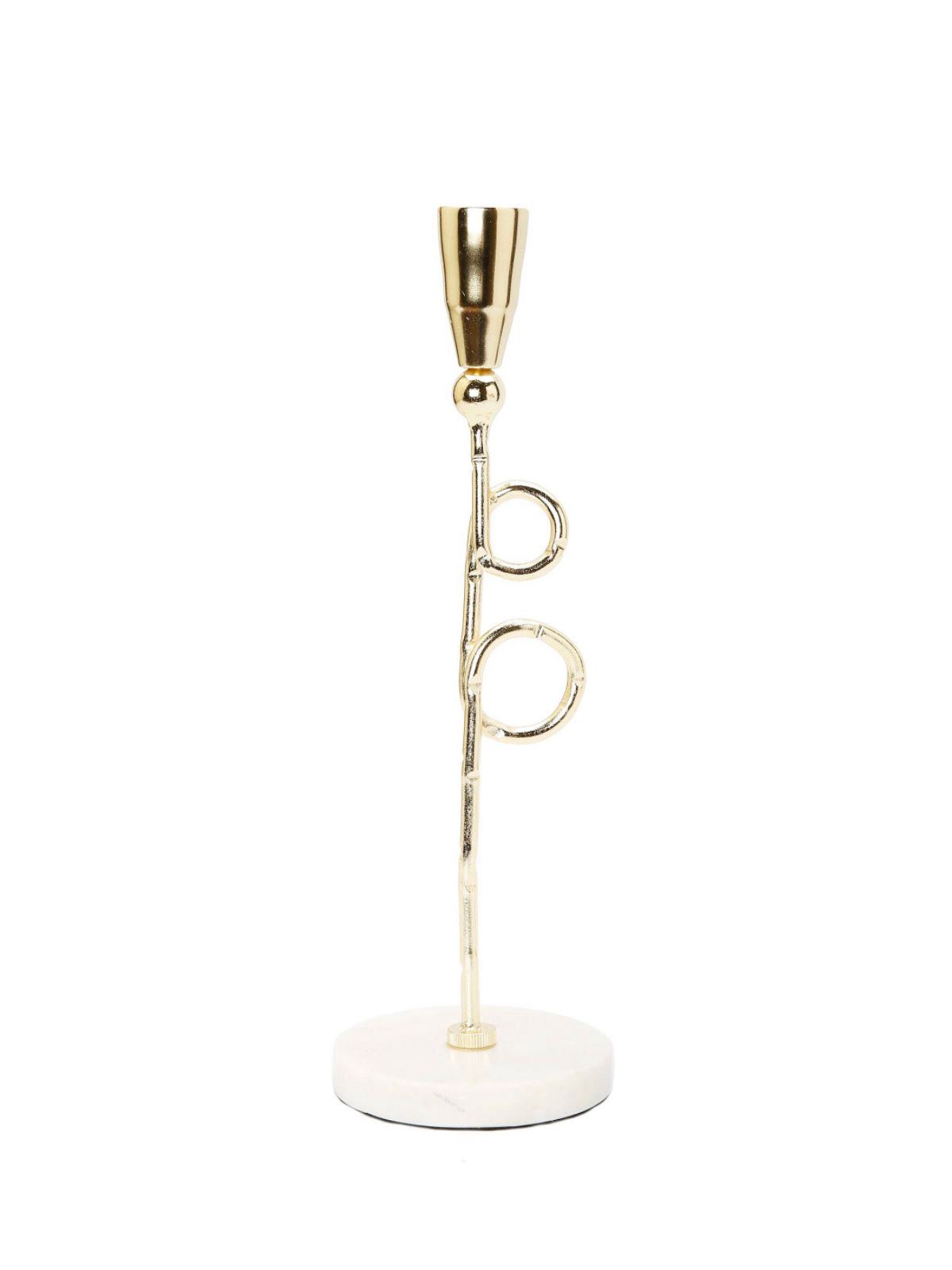 13H Metal Gold Loop Taper Candle Holder On Marble Base. Sold by KYA Home Decor.