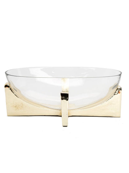 12L x 5W Glass Oval Bowl On Gold Stainless Steel Block Base.