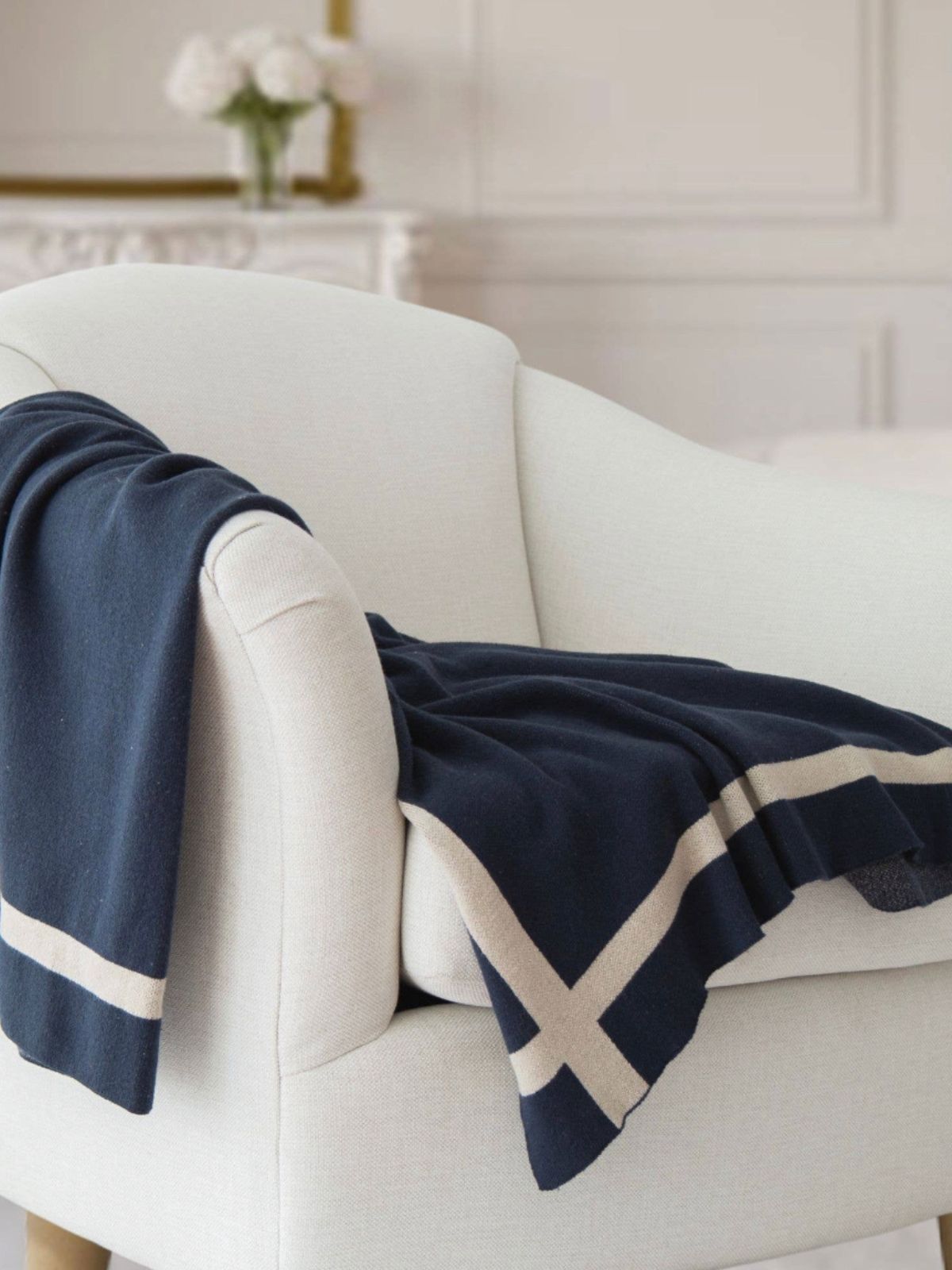 100% Cotton Equestrian Stripe Knit Decorative Throw Blanket in Luxurious Navy Blue, 50W x 60L.