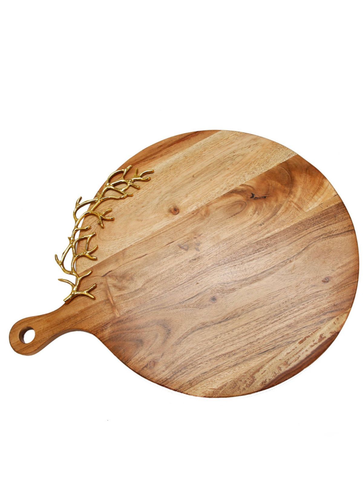 Round Wood Charcuterie Board with Luxury Gold Coral Design and Handle.
