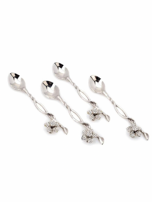 Set of 4 hammered stainless steel spoons adorned with an exquisite jeweled flower embellishment.