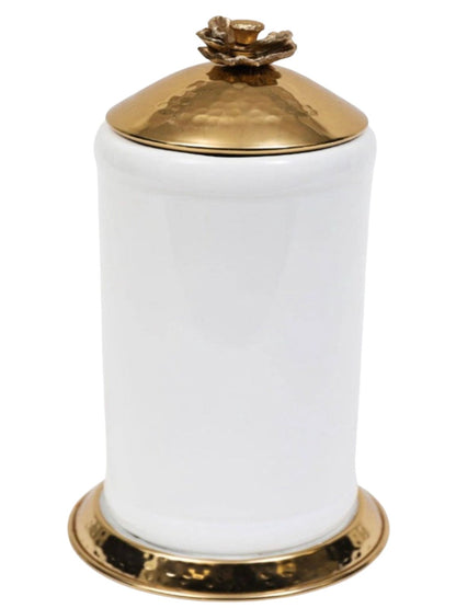 11.5H Luxury white ceramic canisters with gold base and gold hammered lid with floral details - KYA Home Decor.