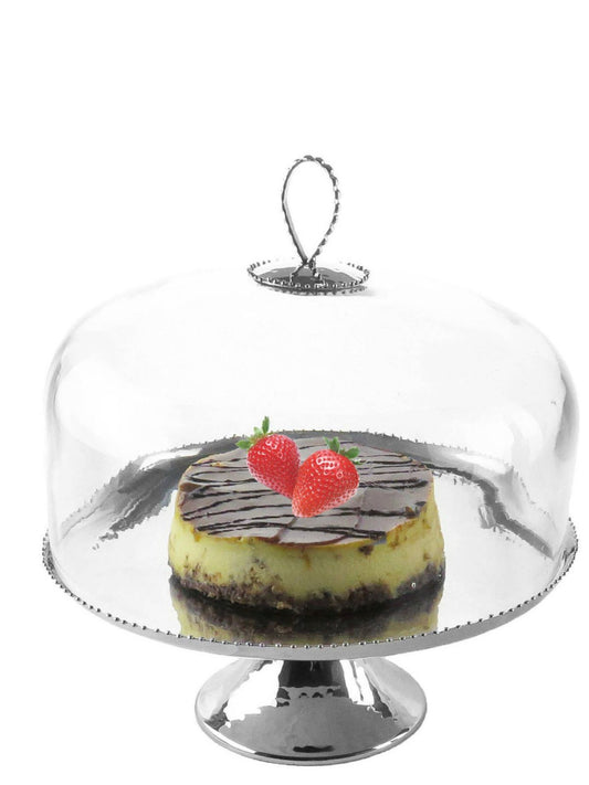 This Glass Cake Dome Stand is crafted out of fine hammered stainless steel along with a stunning beaded design. 