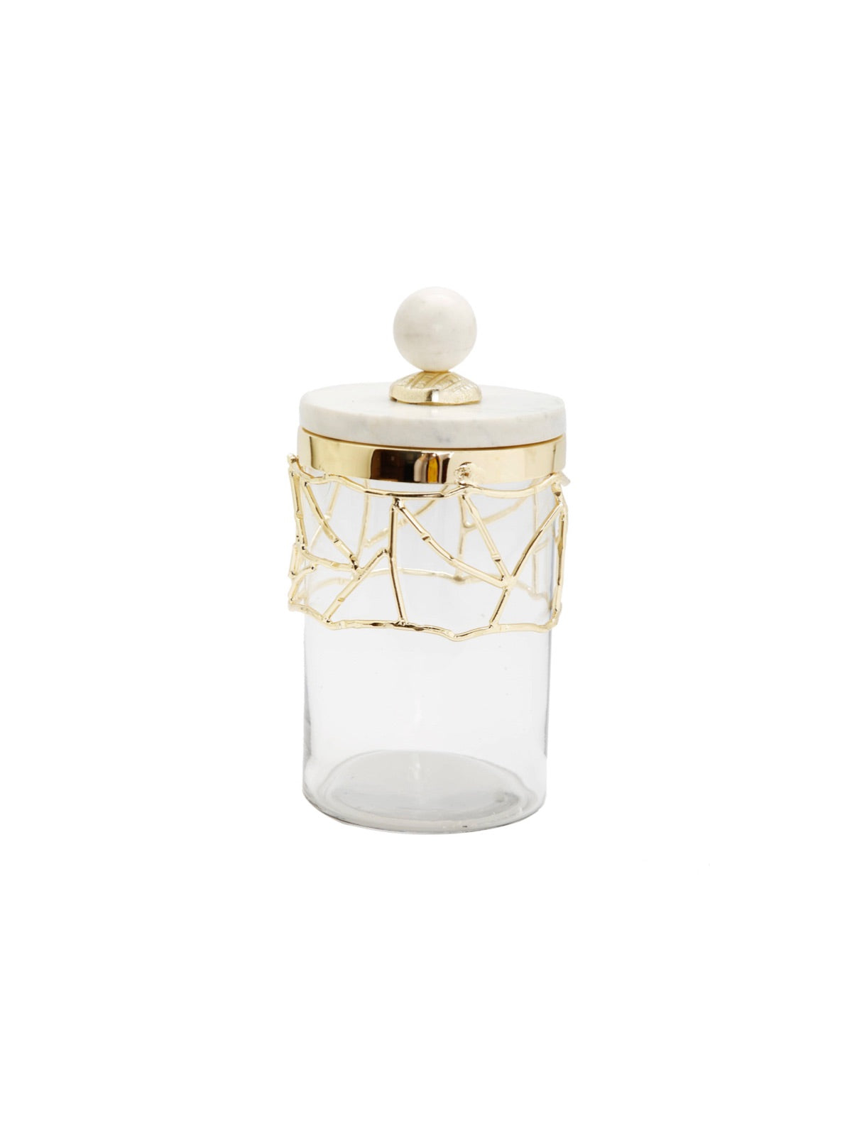 8H Luxury Kitchen Glass Canister With Gold Mesh Design and Marble Lid - KYA Home Decor.