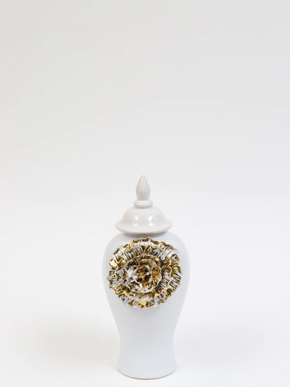 14H White Ginger Jar with Large Gold Flower Detail and Removable Lid. Sold by KYA Home Decor.