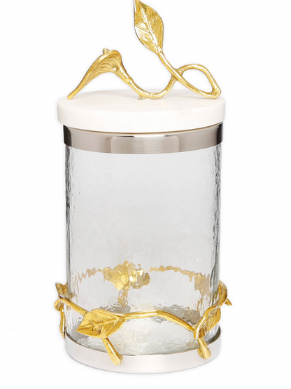 8.5H Luxury Glass Kitchen Canister With Gold Leaf Design and Marble Lid - KYA Home Decor.