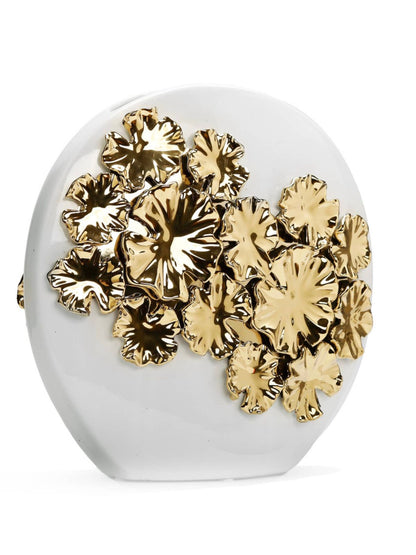 White Round Ceramic Decorative Vase with Luxury Gold Flower Petals - KYA Home Decor