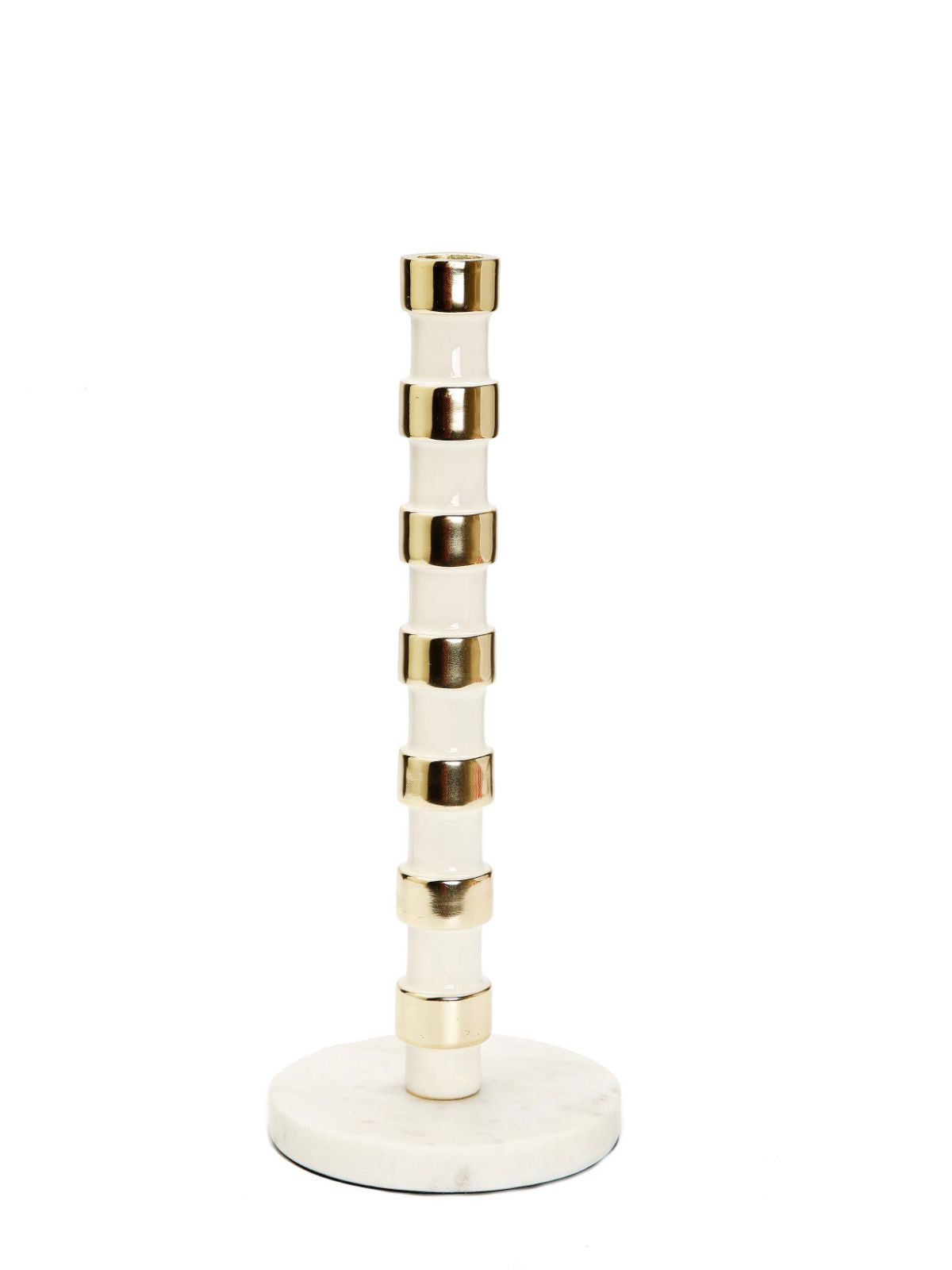 12 inch Tall Candle Holder on Marble Base with White and Gold Striped Design Around The Stem. 