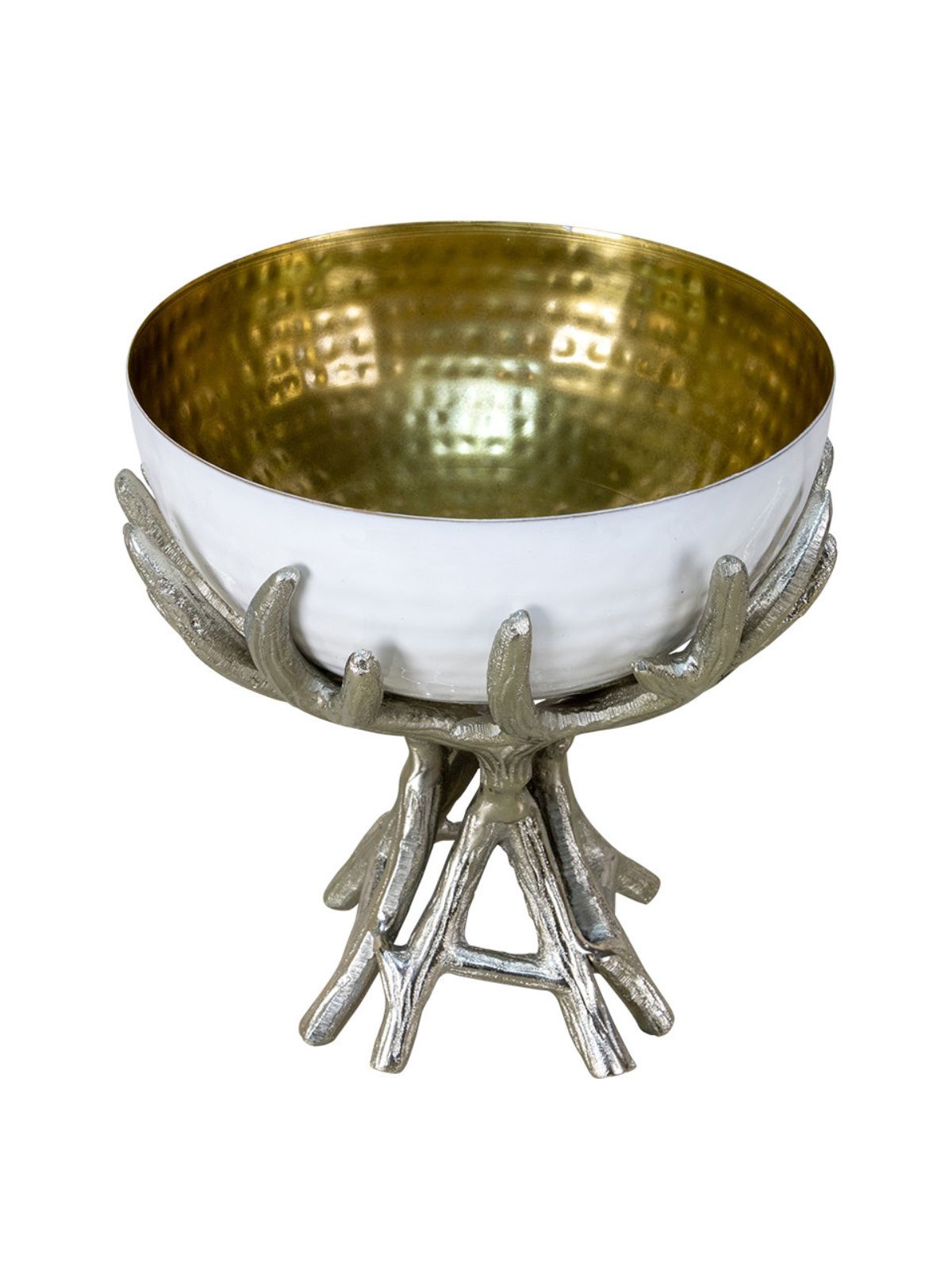 9.5D x 9H decorative white bowl with gold interior sitting on a silver branch stand.