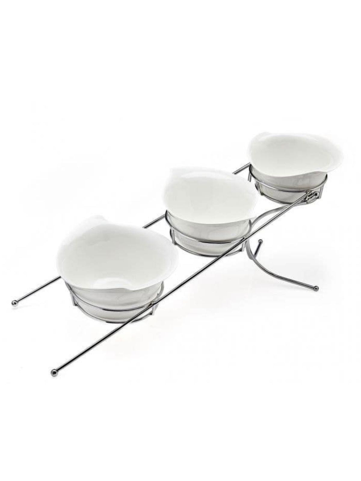 This 3 Section Server Bowls is great for serving different combinations of munchies and dips. Stunning white porcelain with a smooth and fluent base in silver titanium.