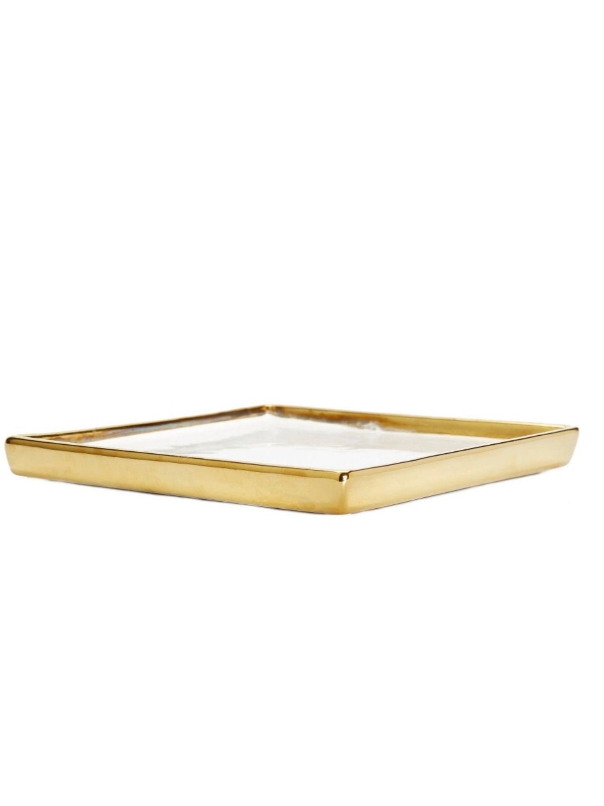 8.75 inch White Square Ceramic Decorative Tray with Luxury Gold Edges.
