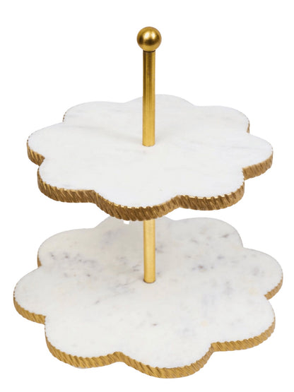 2 Tiered 12D White and Gold Marble Cake Stand with Flower Shaped Design- KYA Home Decor