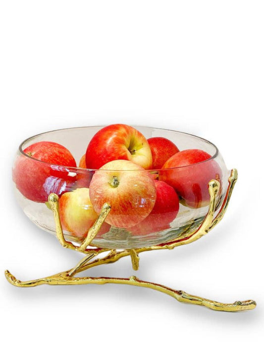 Glass Bowl with Stainless Steel Gold Twig Base, Measures 11D.