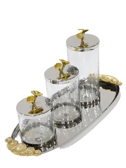 Stainless Steel Oval Tray with Gold Floral Designed Handles With Canisters.