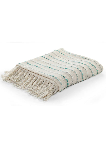 Teal Stripe Woven Cotton Throw Blanket with Fringe Sold by KYA Home Decor, 50W x 60L. 