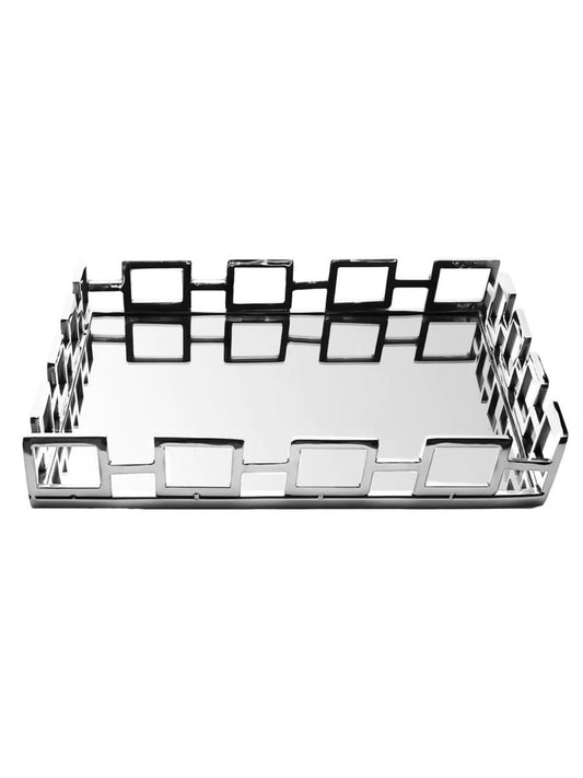 Silver Decorative Mirrored Tray with Squared Loop Bars, 14 inch. 
