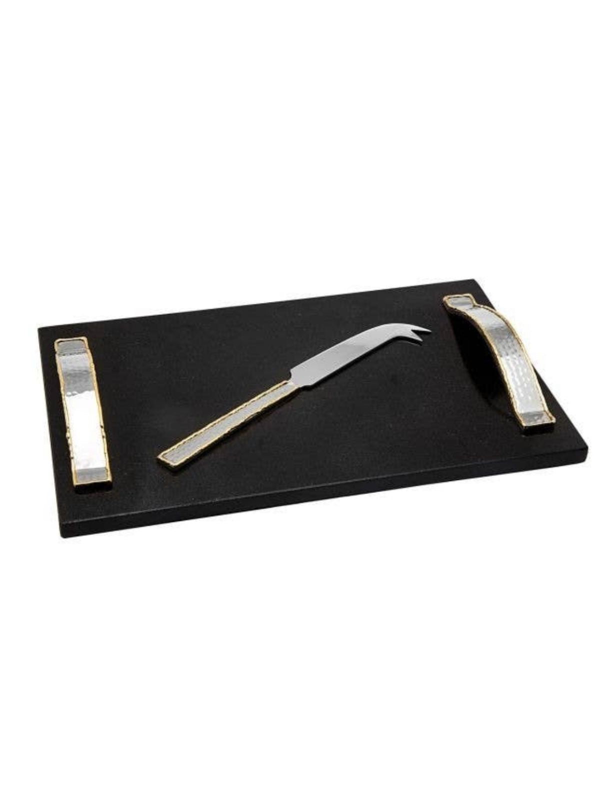 This elegant black marble challah board is as dazzling as it is versatile. Meticulously designed with golden frosted handles and includes a stainless steel knife that will surely impress Available at KYA Home Decor