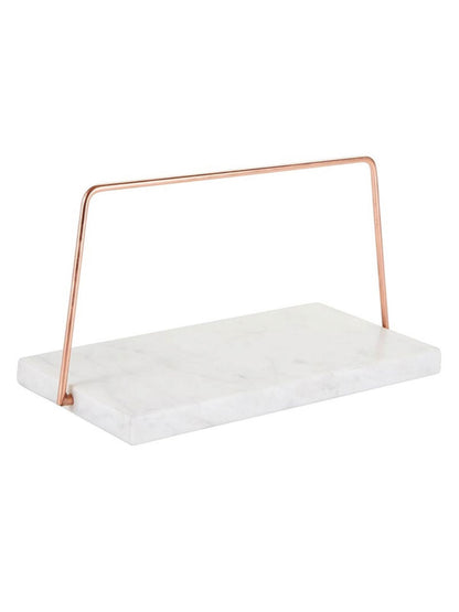 This Unique 12 inch rectangular marble and rose gold iron plate provides a clean presentation of your favorite desserts and appetizers. Sold by KYA Home Decor