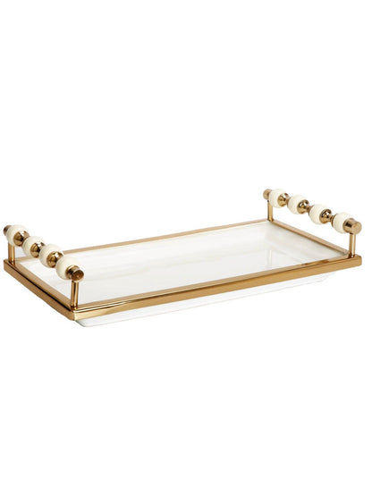 White and Gold Rectangular Ceramic Tray with Beaded Handles, Sold by KYA Home Decor.