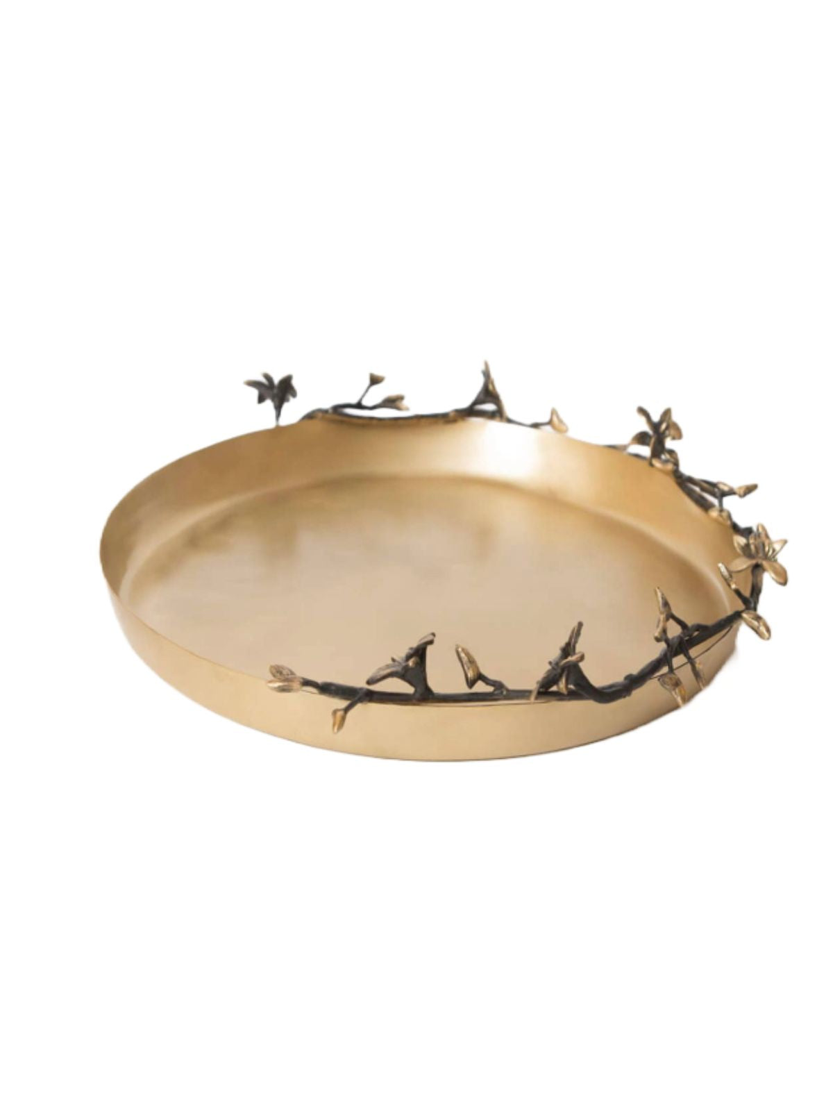 This elegant brushed gold tray with black painted flowers and branches creates an eye catching mix for any center table