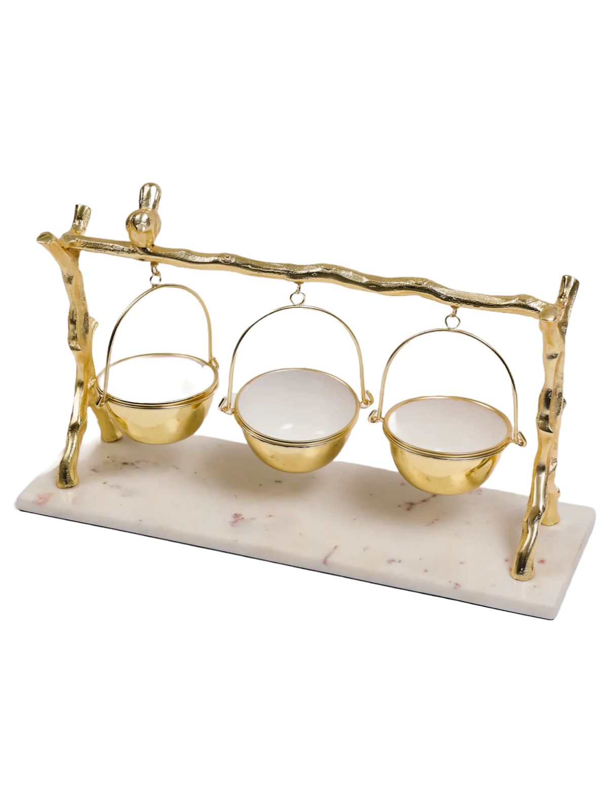 Marble Tray with 3 Hanging Bowls From Gold Stainless Steel Bamboo Designed Frame with Bird on Top.