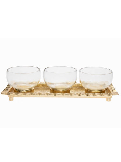 3 Sectional Glass Bowls with Stainless Steel Gold Tray and Ripple Designed Edges Measuring 15L x 5W.