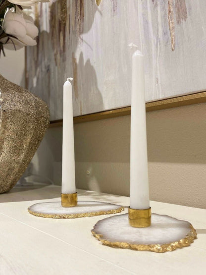 4 inch Agate Stone Taper Candle Holder with Gold Brass Cup and Brass Edges, Sold by KYA Home Decor.