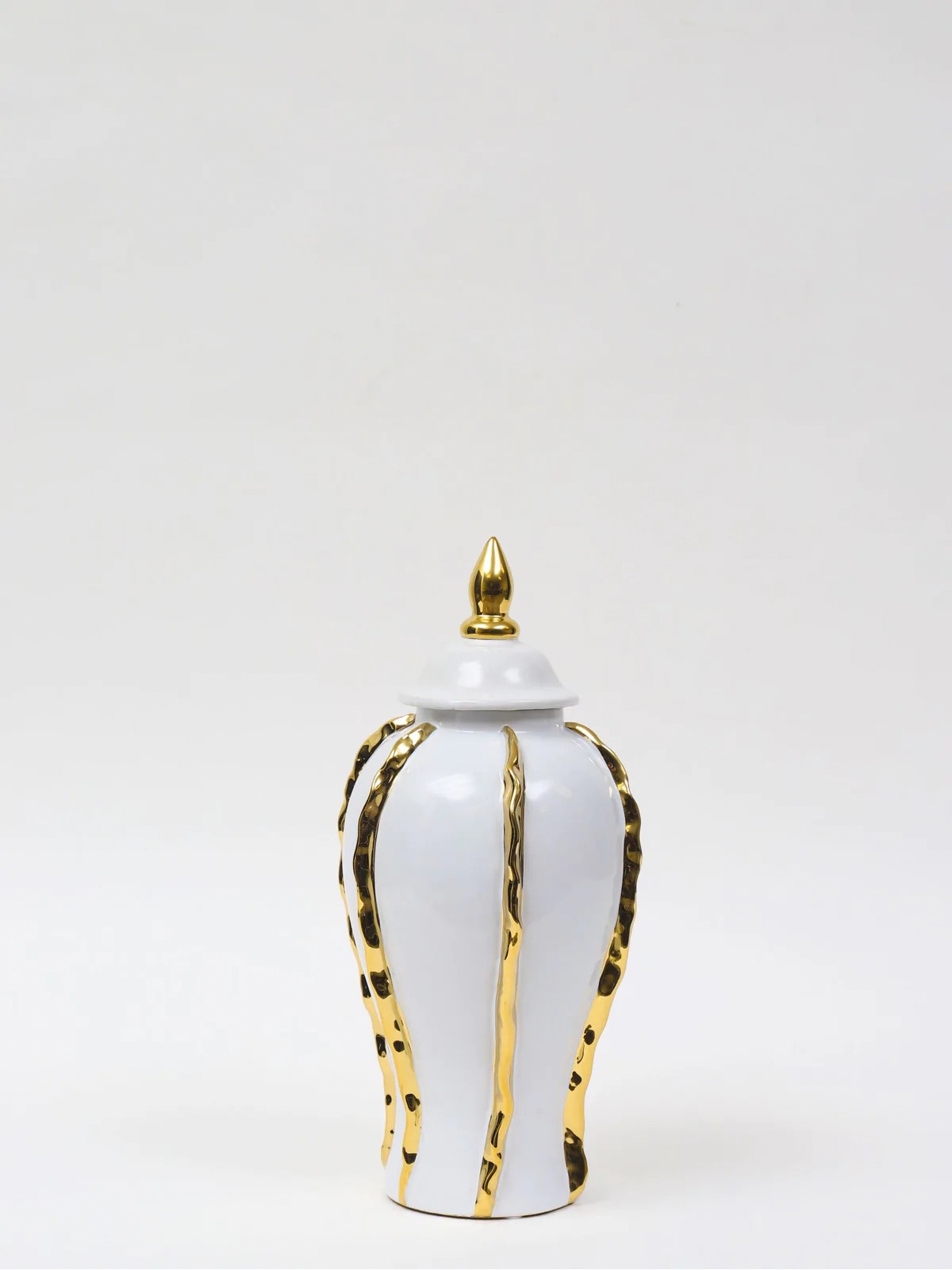 14H White Ceramic Ginger Jar with Gold Ruffle Details and removable lid. Sold by KYA Home Decor.