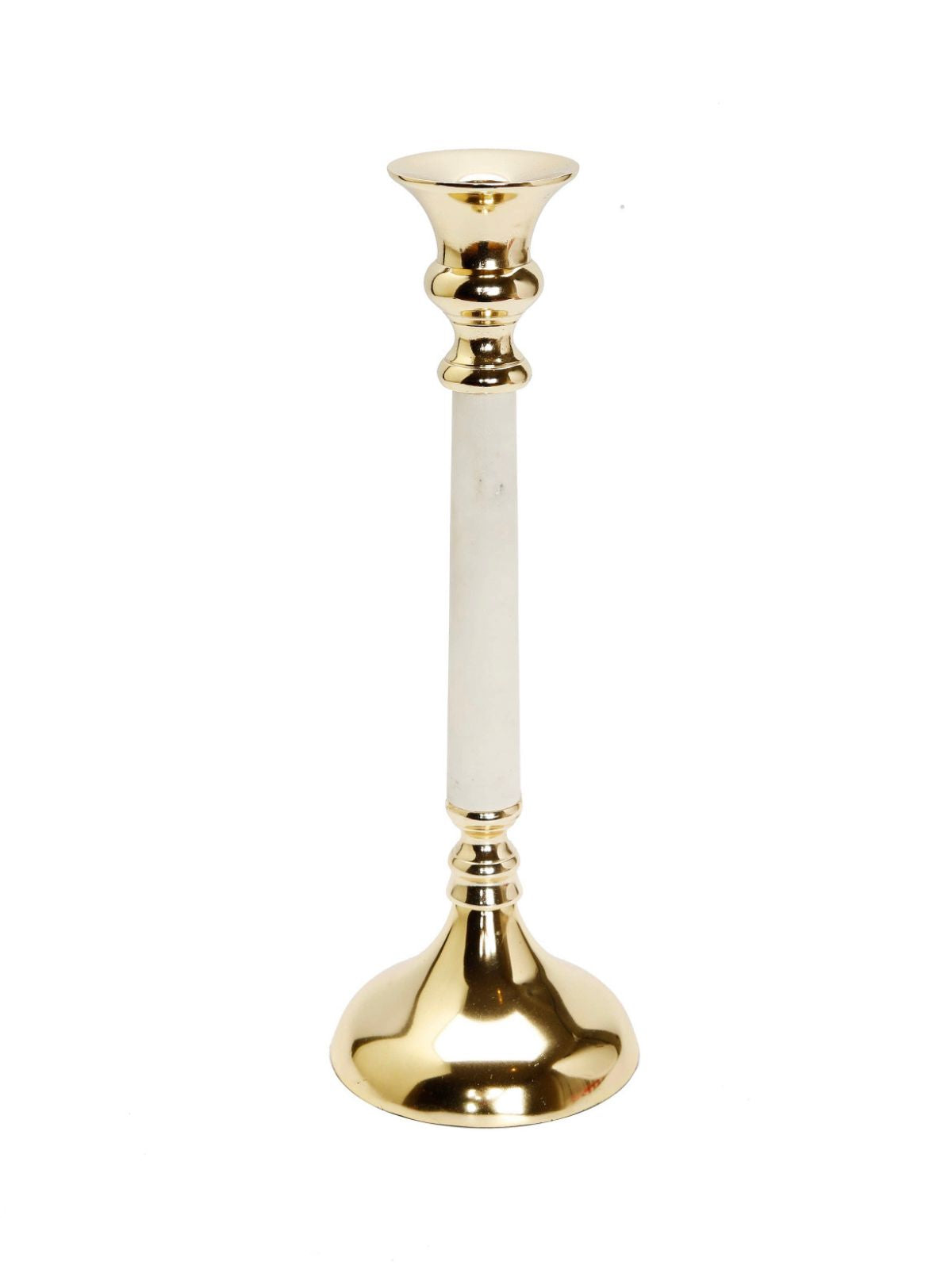 13H Gold Pillar Candle Holder with Marble Stem and Gold Metal Base. Sold by KYA Home Decor.