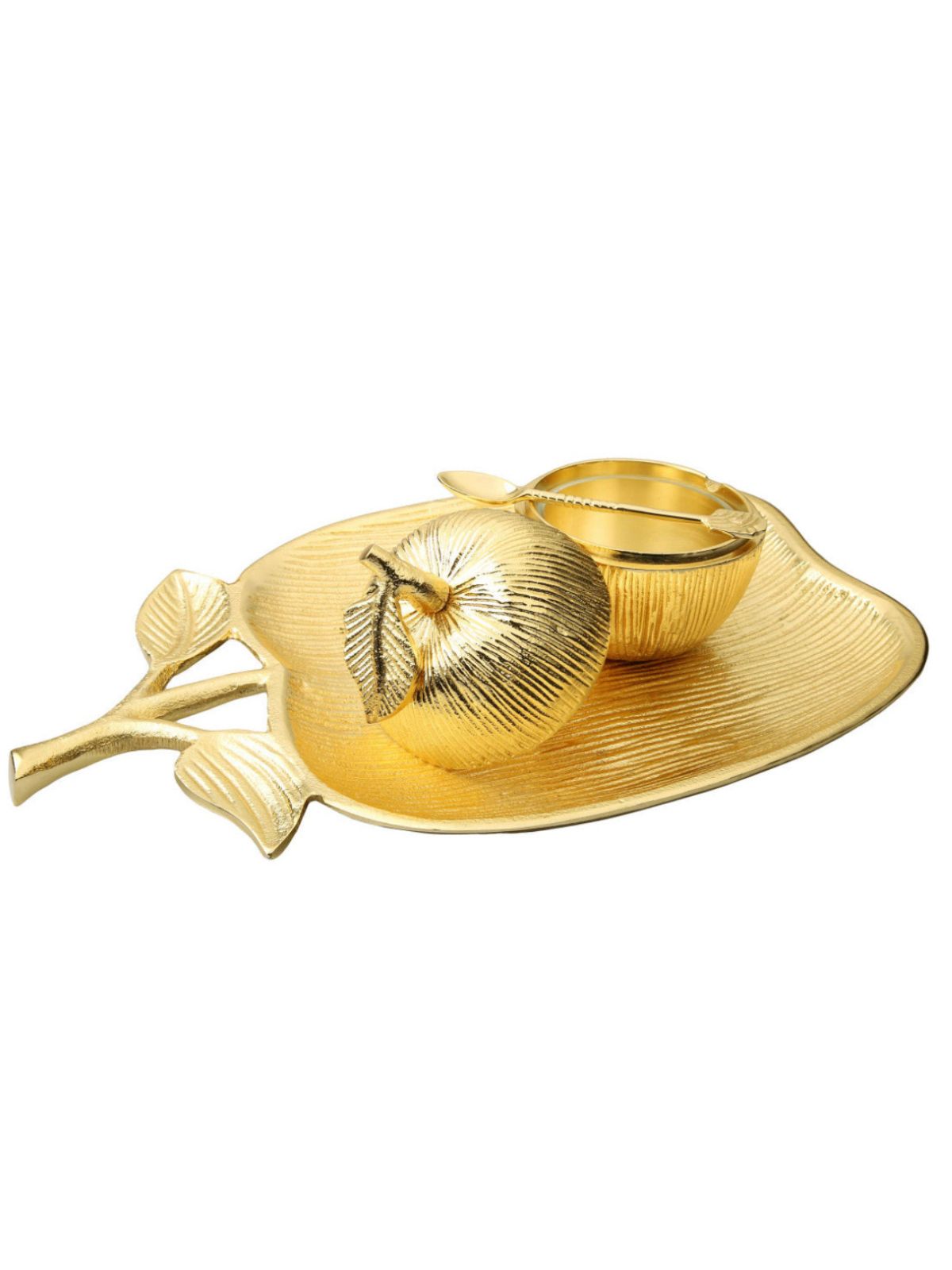 Large Apple Shaped Dish with Honey Jar Gold