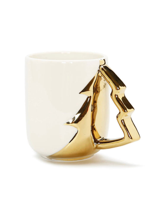 This is a gorgeous white and gold coffee mug with beautiful gold handle. Its Christmas tree gold handle is sure to become a favorite on your December coffee station.