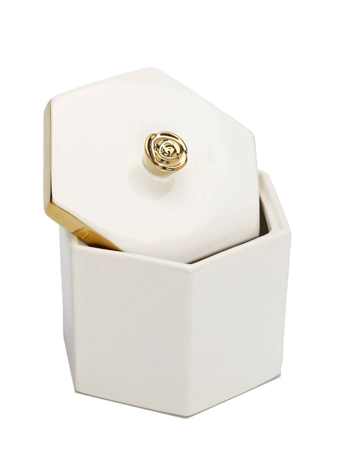 5.9H Decorative White Ceramic Jar with Luxury Gold Flower Knob and Lid - KYA Home Decor