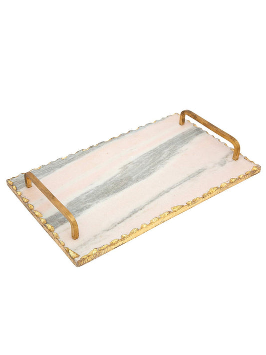 Luxurious Pink and Gray Rectangular Marble Decorative Tray with Stainless Steel Gold Handles, 15L x 9W. 